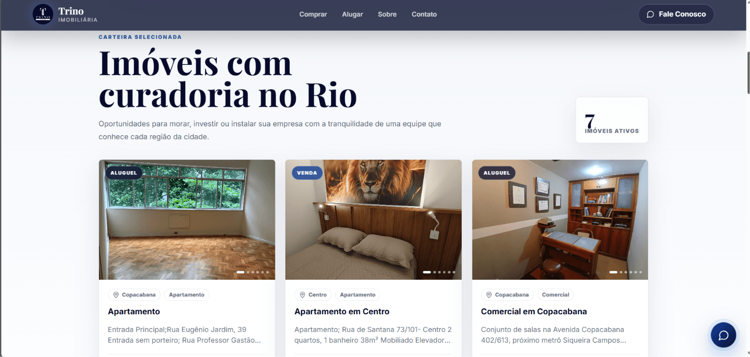 Tela do portal Trino Imobiliária